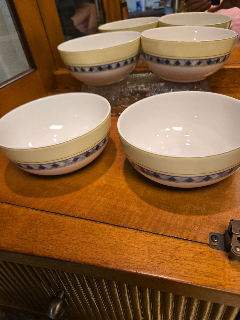 Royal DoulClassic White and Cream Ceramic Serving Bowls with Blue Diamond Accent